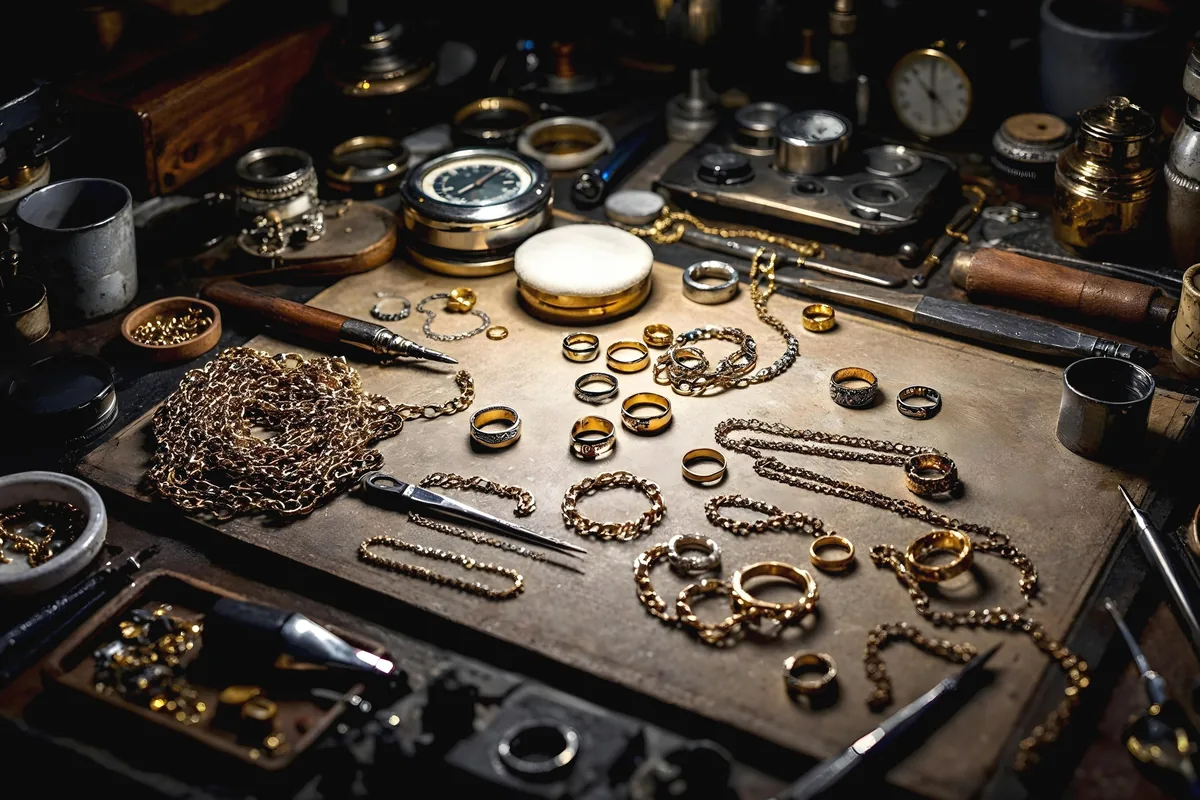 A jeweller's bench laid out with hand tools and unfinished pieces.