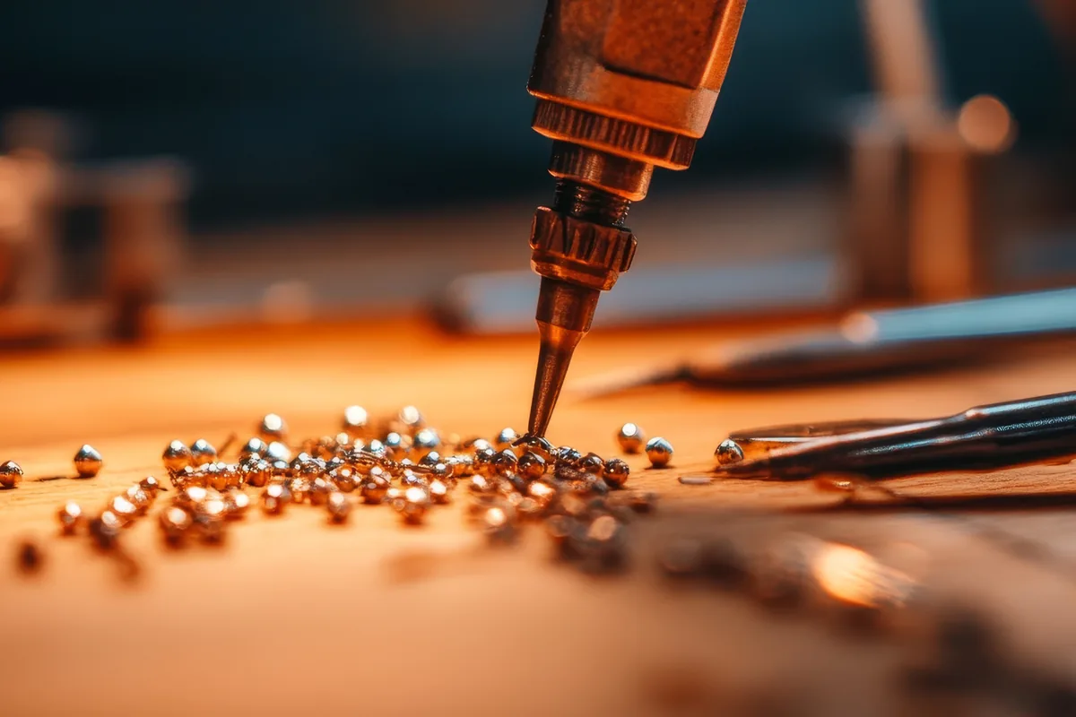 Loose stones and hand tools on a workbench under a warm lamp.