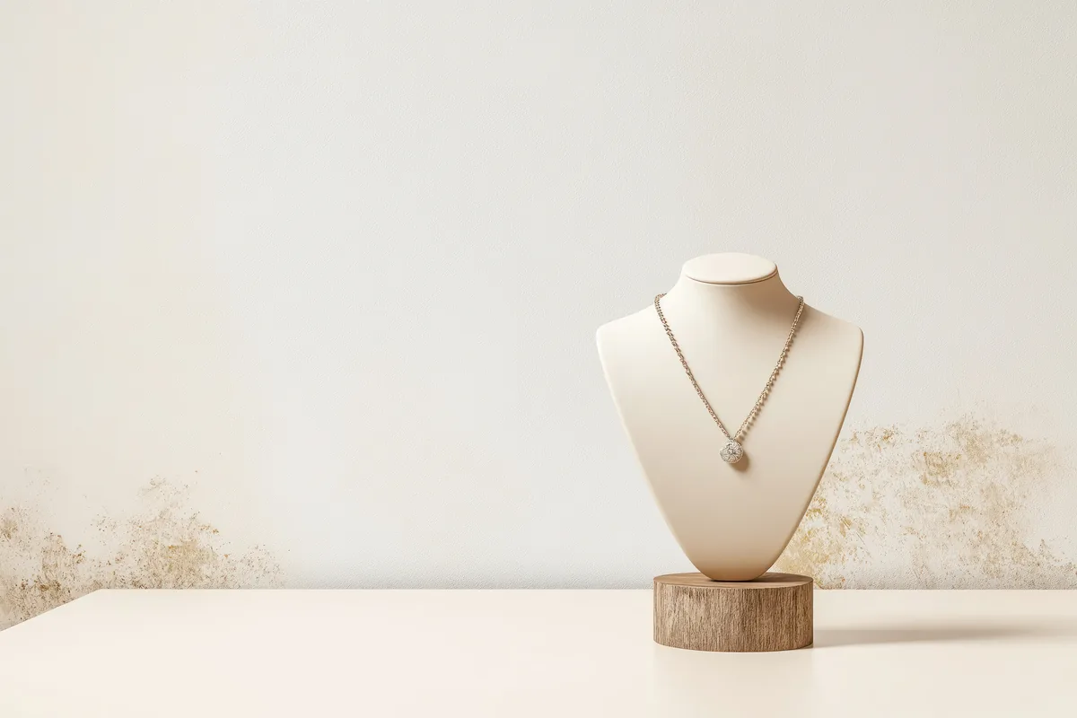 A diamond pendant on a cream bust, on a pale counter.