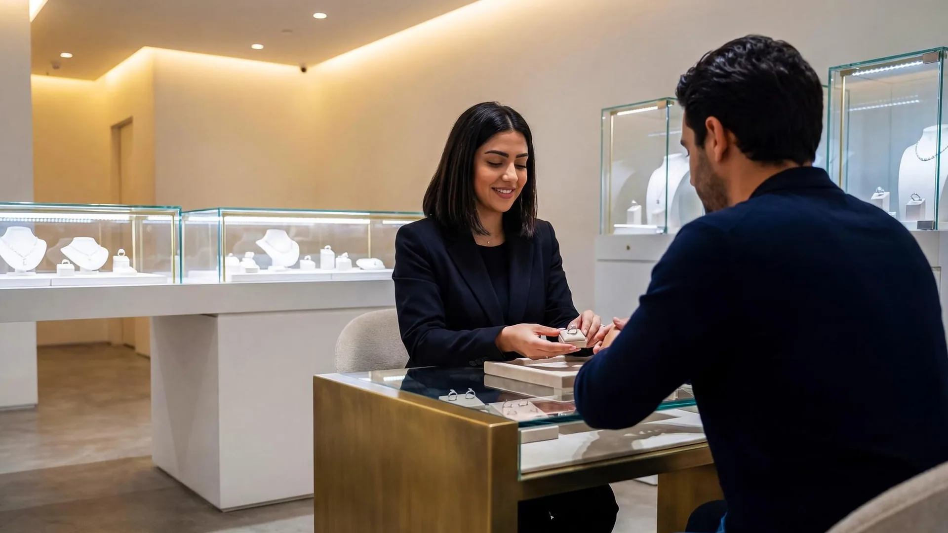 A jeweller at a counter, handing a ring in its box to a seated customer.